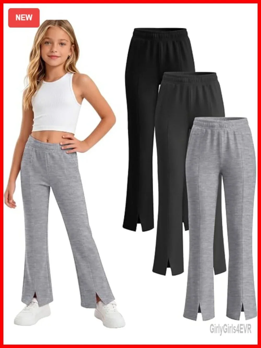 3 Pcs Girls Flare Pants Elastic Waist Bell Bottom Wide Leg Split Hem
